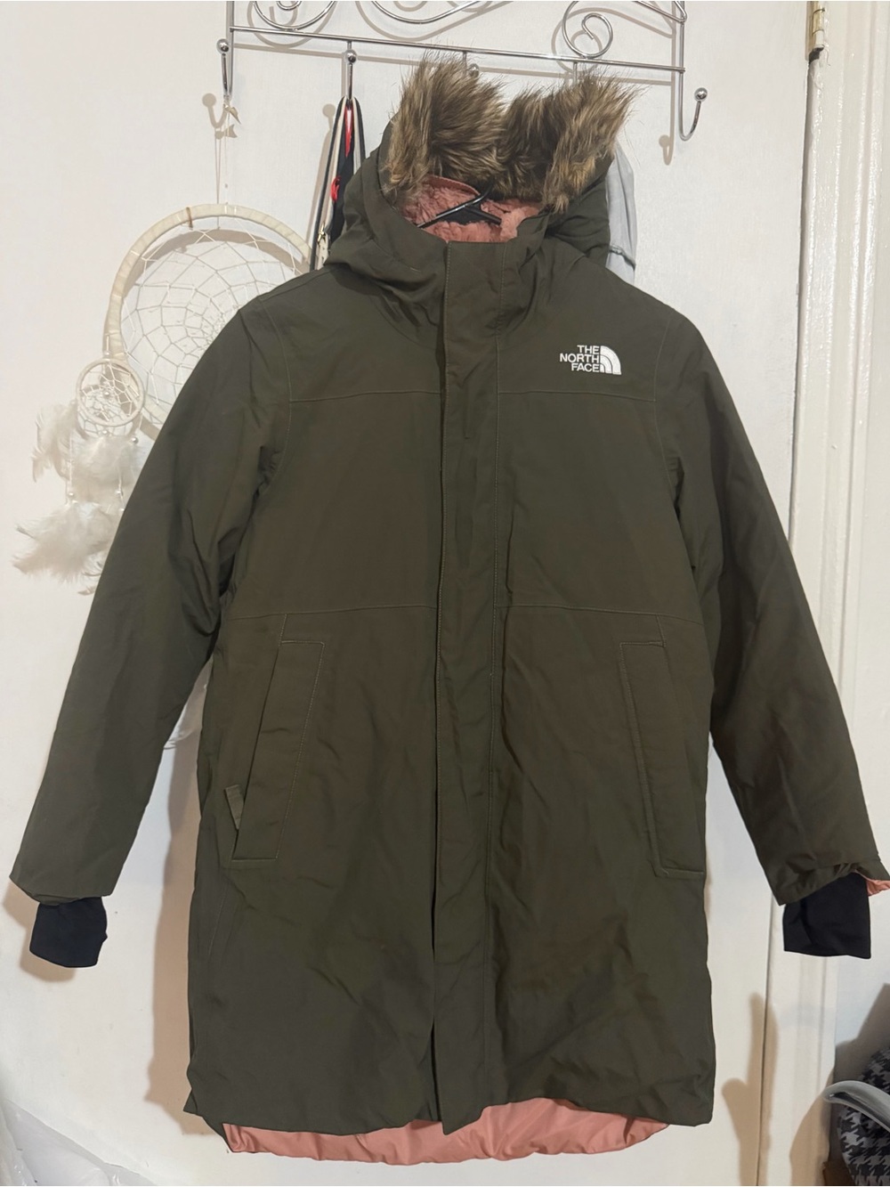 The North Face Olive Kids Puffer Coat with Faux Fur Hood